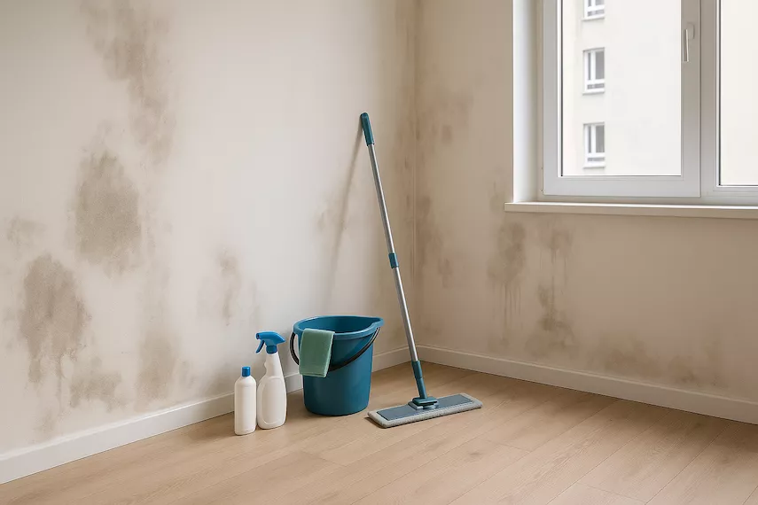 lägenhet med synliga fuktfläckar och rengöringsutrustning